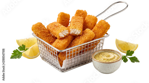 Golden Fish Finger basket served with tartary mustard dip, pure.