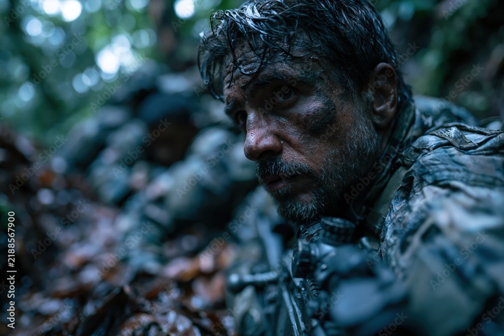 Obraz premium Weary Soldier Resting in Jungle