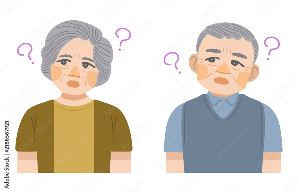 Fototapeta premium 疑問を感じている高齢男性と高齢女性の上半身のイラストセット
