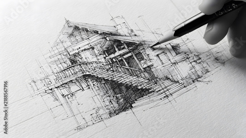 architectural sketch background with pencil-style drawing.