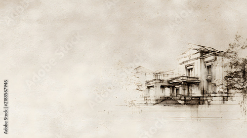 architectural sketch background with pencil-style drawing.