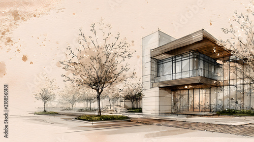 architectural sketch background with pencil-style drawing.