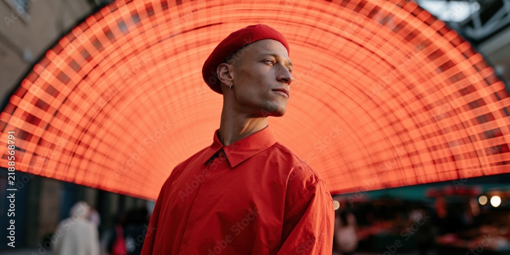 Fototapeta premium Stylish portrait of a man in a red beret and shirt under a glowing orange led arc for urban banner and portrait background