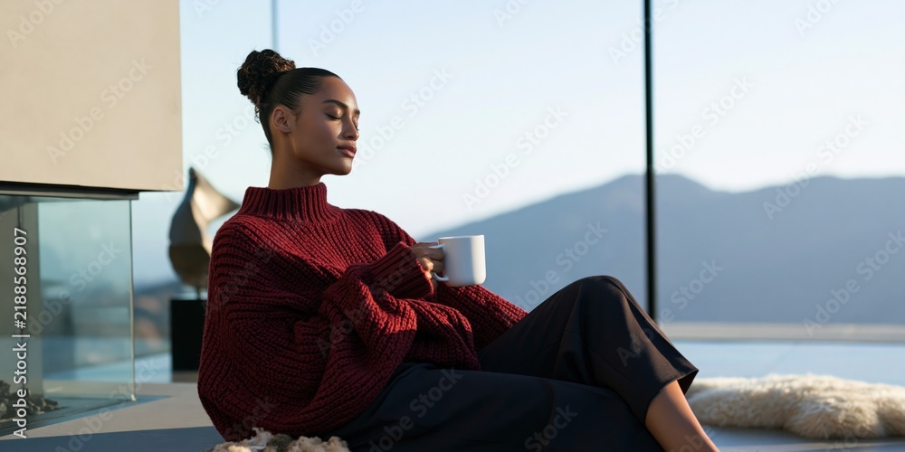 Obraz premium Woman in a red sweater enjoying a hot drink on a balcony with mountain view for lifestyle background and relaxation banner design