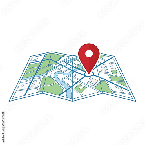 Folded city map with red location pin for travel navigation and geography route
