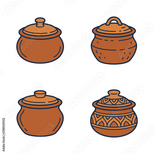 Clay pots are displayed in a set of four distinct earthen vessels with lids for traditional cooking and food storage.
