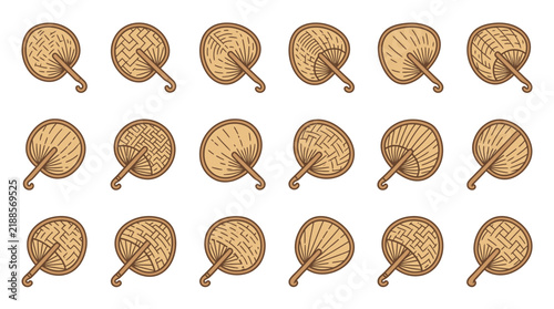 Woven fans appear in a collection of fifteen detailed icons featuring various textures and handle styles for summer use.