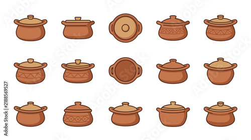 Clay pots are displayed in a grid of fifteen icons showing various terracotta kitchenware designs with lids and textures.