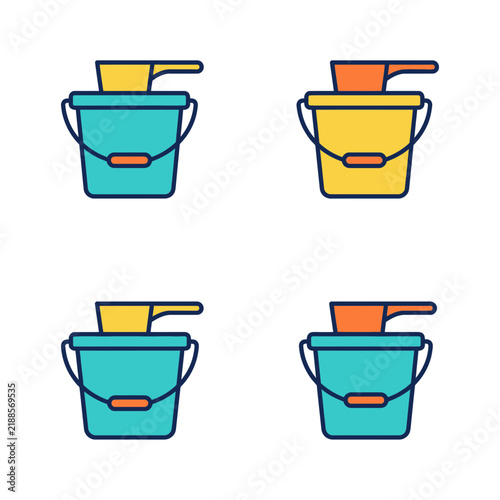 Buckets and scoops appear in a collection of four simple flat vector icons designed for cleaning or gardening projects.
