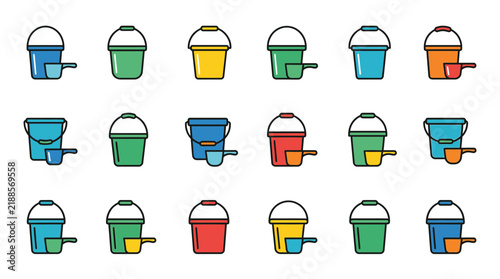 Buckets and scoops are shown in a variety of vibrant colors to represent cleaning tools and water carrying containers.