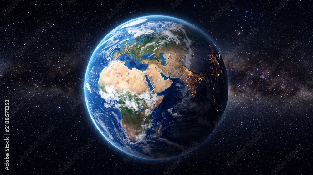 Obraz premium Planet Earth in deep space, blue globe with Milky Way background, cinematic world map view from orbit, global environment and ecology concept