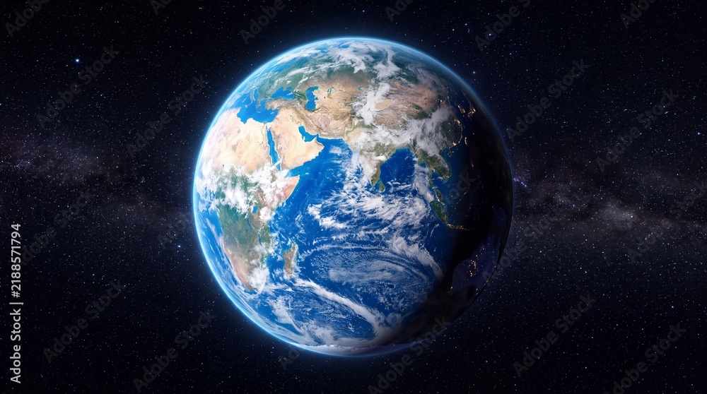 Fototapeta premium Planet Earth in outer space, blue globe with continents and clouds, cinematic view of world from orbit against starry galaxy background