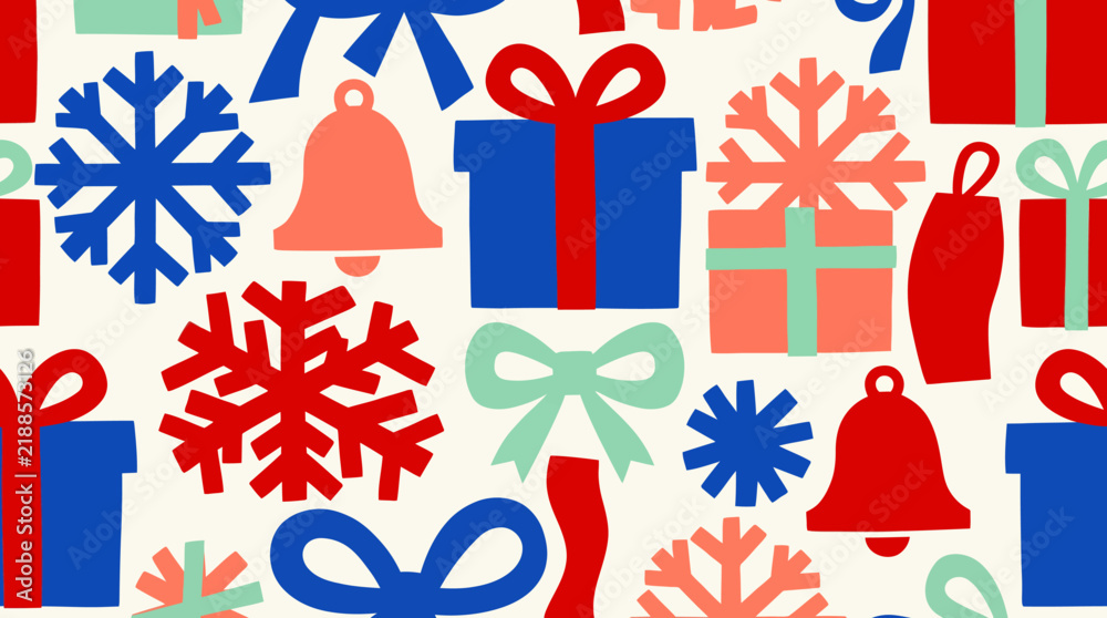 Obraz premium Seamless Christmas pattern with gift boxes, snowflakes, and holiday bells, flat vector illustration background for wrapping paper, textile, or festive design