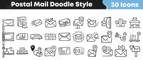 Hand drawn collection of postal mail icons in doodle style design