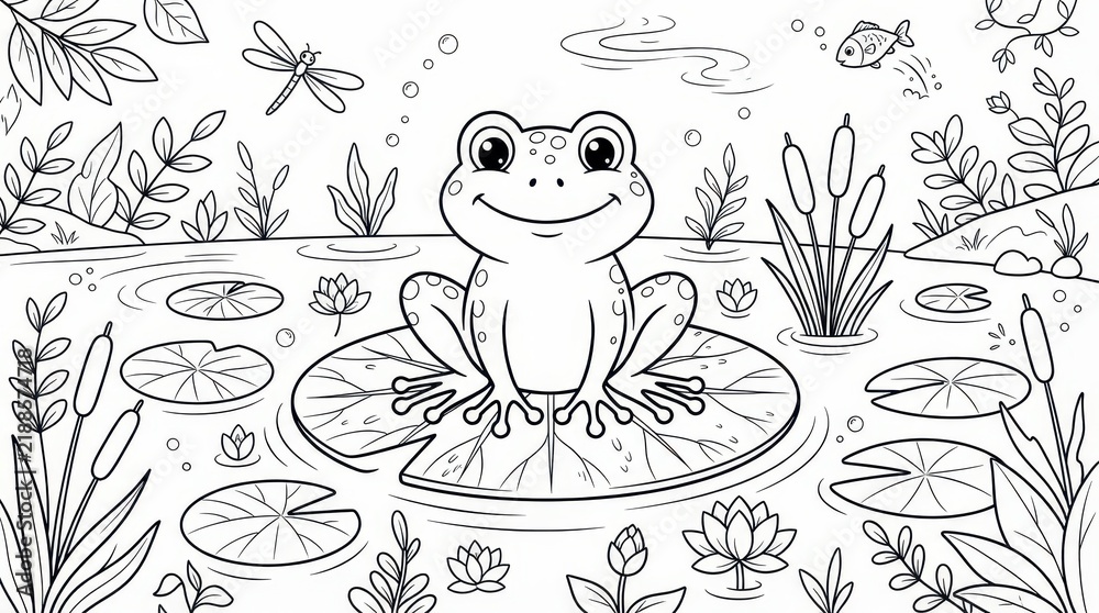Fototapeta premium The Image Is A Black And White Line Drawing Of A Frog Sitting On A Lily 00o0o0