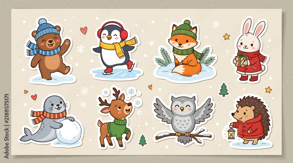 Fototapeta premium Cartoon animals wearing winter clothing in snowy setting