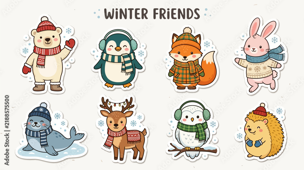 Obraz premium Cartoon animals dressed warmly in winter setting