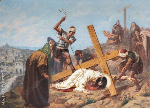 Monza -  The painting of Jesus fall under the cross (cross was station) the church Chiesa di San Carlo by Giovanni Battista Briani from 20. cent.