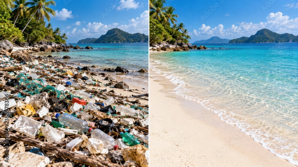 Obraz premium Polluted and Clean Tropical Beach Comparison Showing Plastic Waste and Ocean Conservation