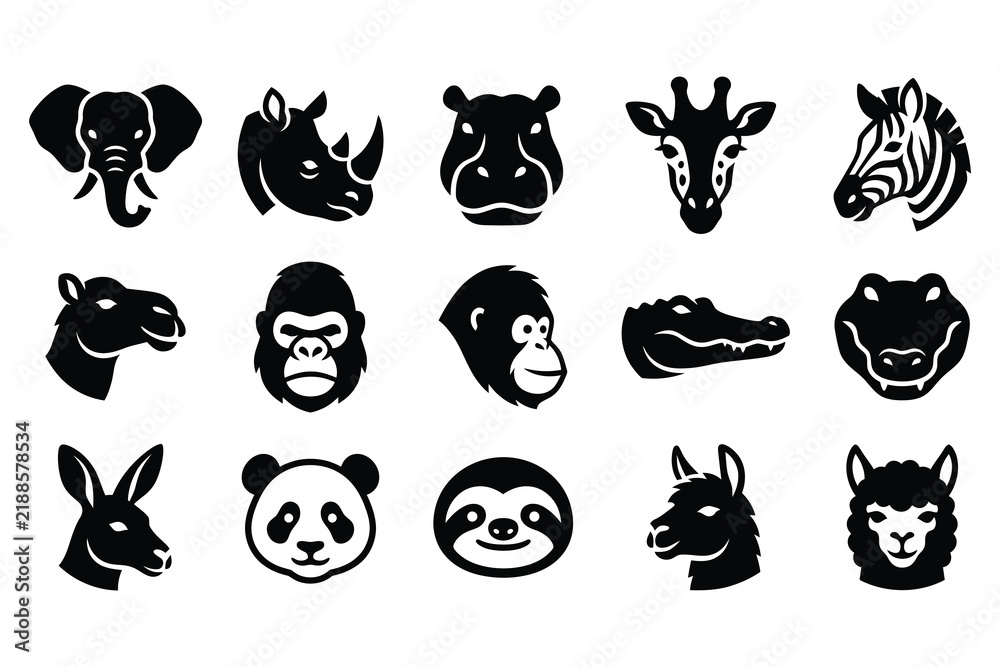 Fototapeta premium Set of black and white animal head icons featuring various wild and domestic species in a minimalist style