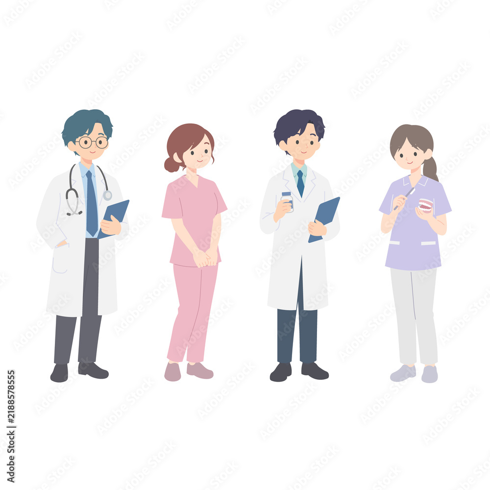 Fototapeta premium 医療チームのイラスト。医師、看護師、薬剤師、歯科衛生士が並んで立つフラットベクターイラスト。白衣やスクラブを着た多様な医療従事者たちが、聴診器、クリップボード、薬瓶、歯の模型を持っている。病院やクリニックのスタッフをイメージしたキャラクターセット。