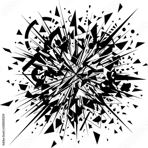Abstract explosion of geometric shapes and sharp fragments for dynamic visual background.