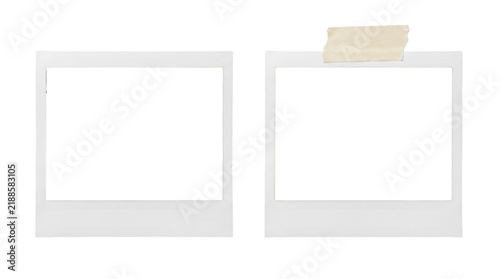 Vintage instant photo frames, set of two blank polaroid style film borders with adhesive strip, retro white paper picturedesign elements for scrapbooking isolated on transparent background