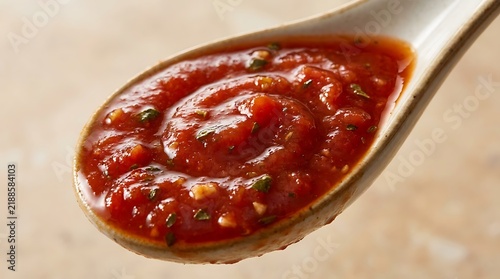 A spoonful of delicious red tomato sauce with fresh herbs held up for a close view in the kitchen. marinara glaze