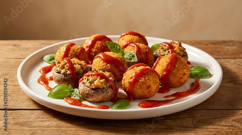 Delicious stuffed mushrooms with red sauce and fresh green herbs served on a plate on a wooden table. marinara glaze