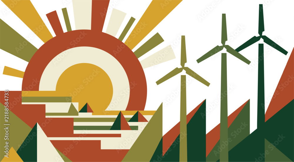 Obraz premium Geometric landscape with sun and wind turbines presents a stylized colorful scene terrain solar energy