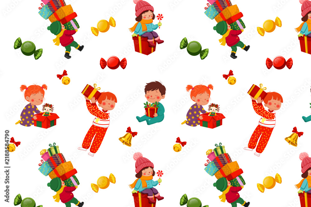 Fototapeta premium Christmas seamless pattern with children opening gifts, candy and bells on white background.