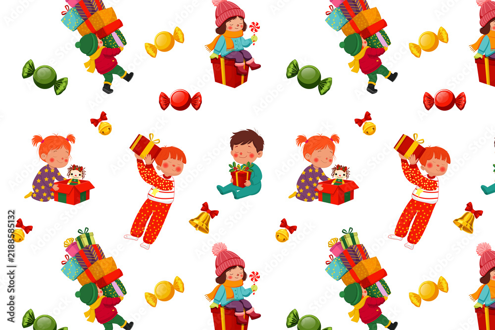Obraz premium Christmas seamless pattern with children opening gifts, candy and bells on white background.