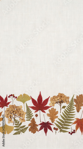 Pressed Autumn Botanical Leaves and Fern Border Wallpaper