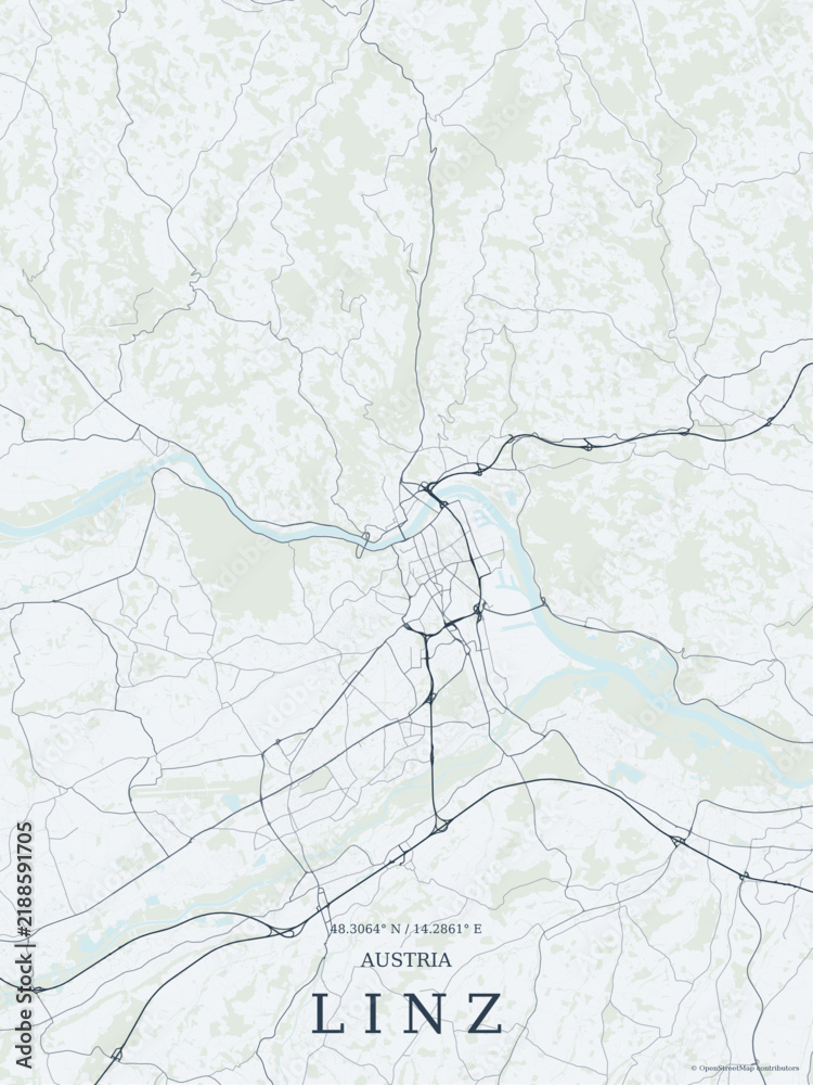 Fototapeta premium Clean soft-blue street map poster of Linz, Upper Austria, showcasing the Danube River, regional highways, urban road network, and geographical coordinates.