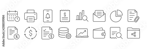 Digital Finance and Accounting Management Line Icon Set, Invoice, Billing, Bookkeeping, Expense, Payment, Tax and Business Analytics Vector Illustration