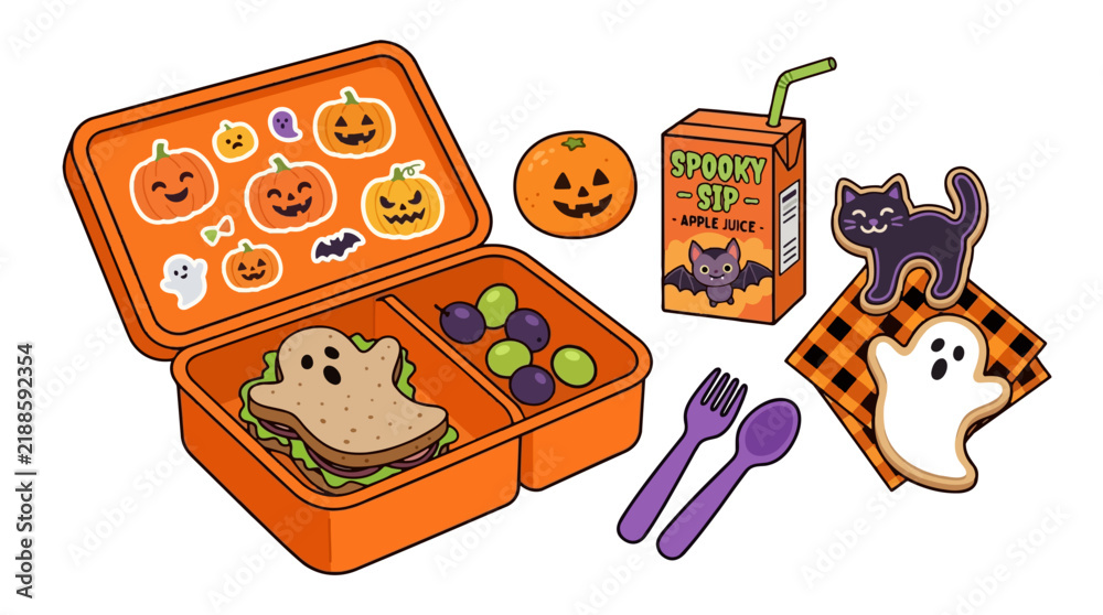 Fototapeta premium Halloween themed lunchbox with spooky treats and apple juice