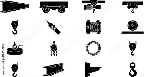 Cranes, Pulleys, and Lifting Equipment Icons Set, Industrial Machinery Illustration, Construction Equipment Design.