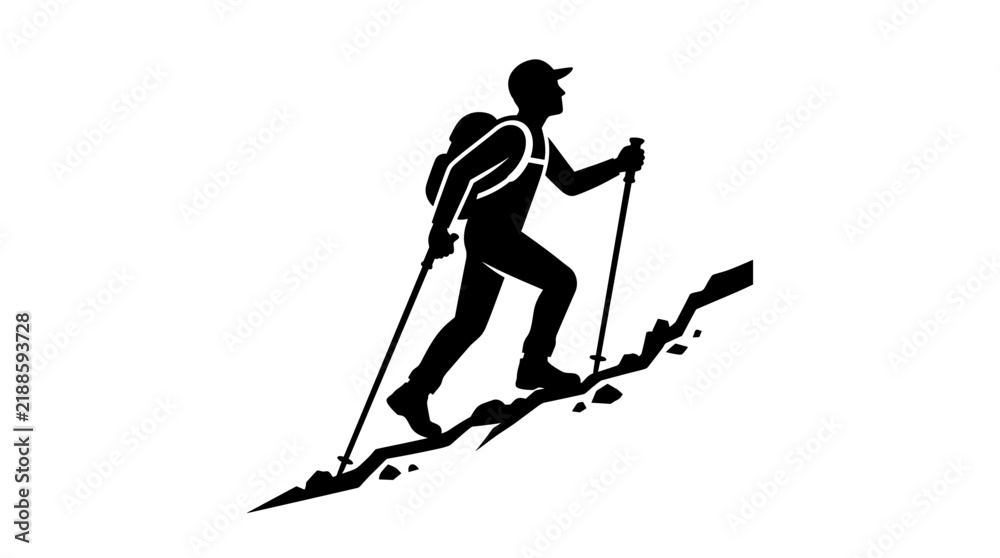Fototapeta premium Silhouette of hiker skiing downhill with trekking poles on snowy mountain slope