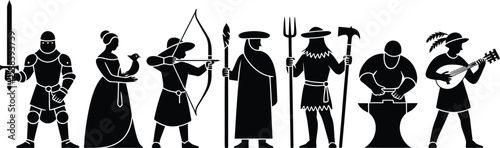 Set of medieval character silhouettes featuring a knight with a sword, archer, blacksmith at an anvil, and a musician, isolated on white background