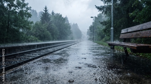 Wet railway platform with wooden bench during heavy downpour and stormy weather train station rainy day railway tracks heavy rain gloomy day public transport