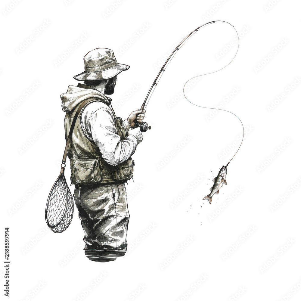 Fototapeta premium Man fisherman in hat with fishing rod catching fish on line. Hand drawn sketch of angler with net and vest on transparent background. Outdoor hobby and fishing sport concept.