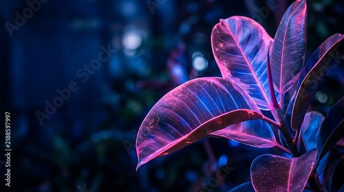 Neon illuminated rubber plant leaves in a vibrant cyberpunk aesthetic with deep blue background colors
