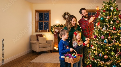 Happy family decorating a Christmas tree together in a cozy living room with festive lights and ornaments