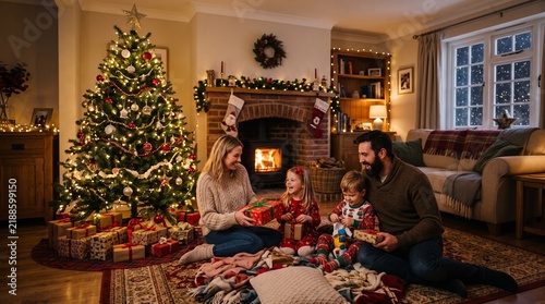 Happy Family Opening Christmas Presents by a Decorated Tree and Fireplace