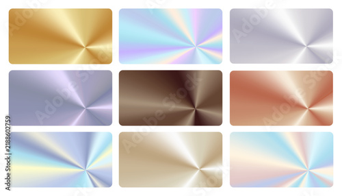 A collection of metallic radial gradients with polished steel, gold, silver, copper, and mother-of-pearl finishes,vector holographic textures in rectangular frames for business card templates,shiny bg