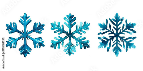 Blue watercolor snowflakes set Christmas New Year winter clipart Elements for design