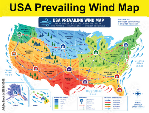 usa prevailing wind map with average wind strength and direction for logistics network.
