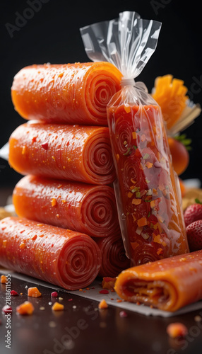 Delicious fruit rolls stacked neatly, showcasing vibrant colors and glossy finish. sweet aroma fills air, inviting you to indulge in this delightful treat