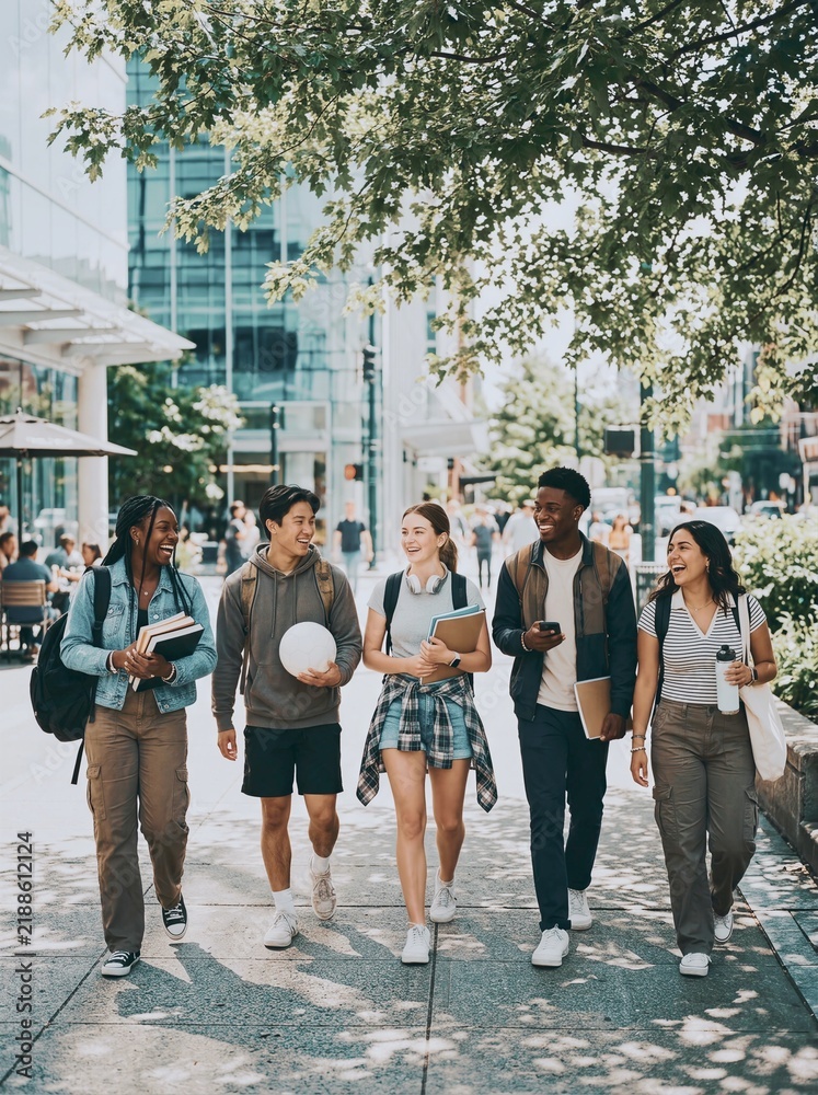 Obraz premium Diverse group of college students walking on a city sidewalk smiling with books and backpacks