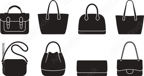 Set of black bag silhouettes including tote bags, handbags, clutches, and purses on white